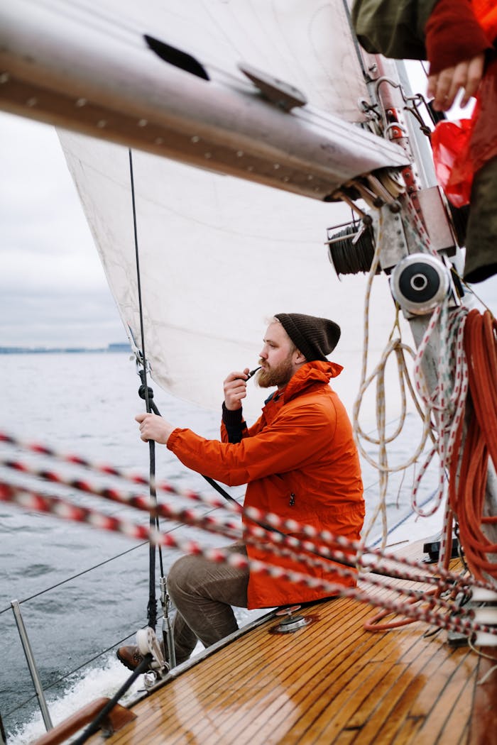 Bearded man in a red jacket sailing on a wooden boat, enjoying the ocean view.